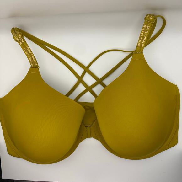 Victoria’s Secret 38DDD Mustard Yellow T-Shirt Demi Bra Logo Strap Crisscross - Picture 1 of 5